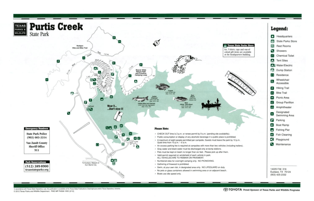 A detailed map of Purtis Creek State Park highlighting key attractions and trails - Parksguidance Official