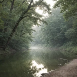 Eno River State Park winding through dense, green forests, captured in the soft light of early morning - Parksguidance Official