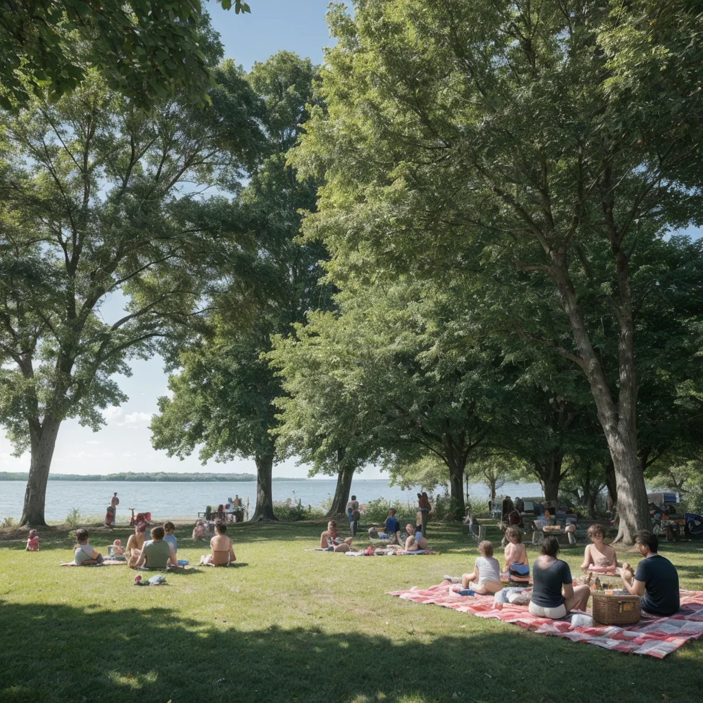 Families enjoying a picnic under the shade of mature trees of Buffalo Harbor State Park - Parksguidance Official