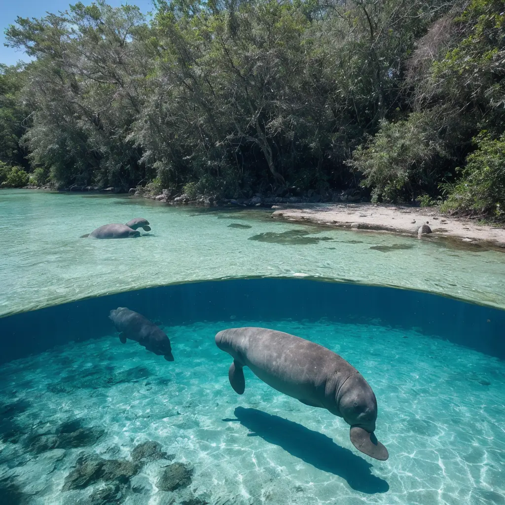 Manatees gently swimming in the clear waters of the sinkhole at blue spring state park - Parksguidance Official