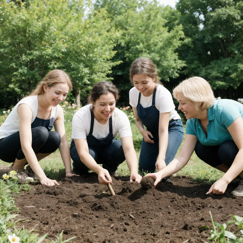 Visitors sifting through dirt with a lush, green background in spring - Parksguidance Official