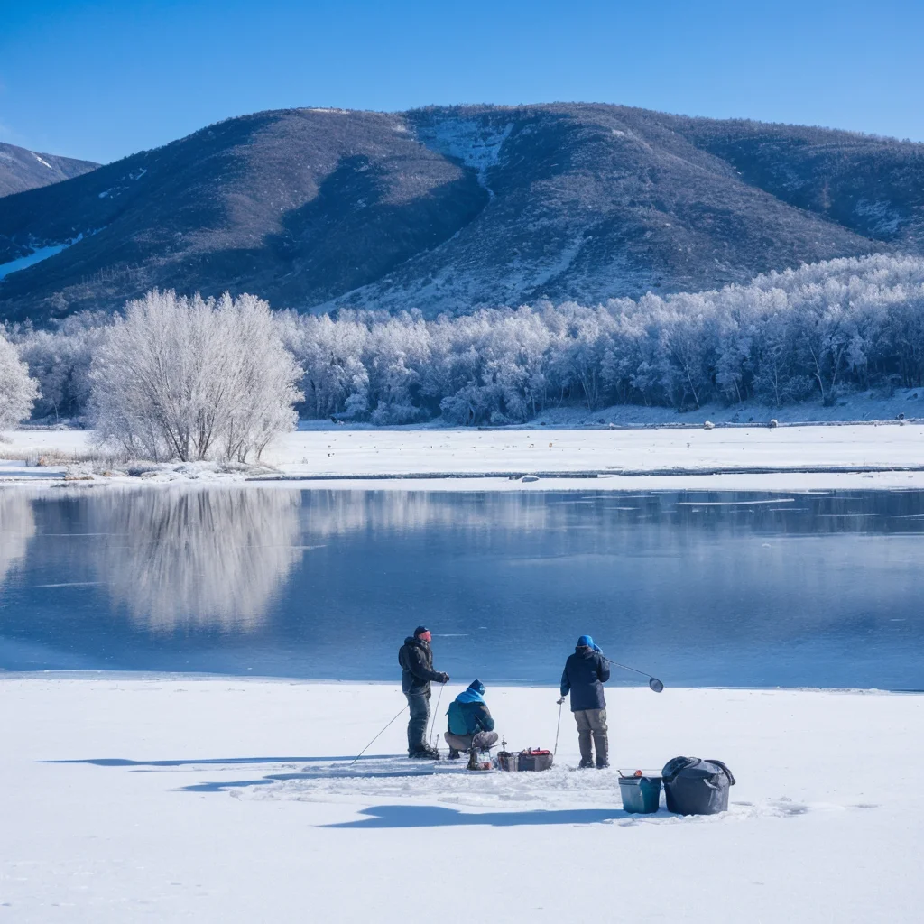 Winter Ice Fishing Capture anglers ice fishing on the frozen reservoir, surrounded by stunning snowy landscapes. - Parksguidance Official